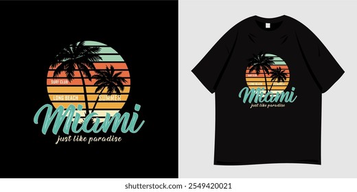  Miami beach graphic t-shirt design. Summer clothing vector illustration with palm tree silhouette and sun symbol. Ready to print for t-shirts, apparel, tees, clothing and fashion.