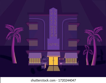 Miami beach house, hotel with valet parking on Ocean Drive in Florida, USA. Handmade drawing vector stock illustration hotel, palms, trolley, umbrella. Art deco style. EPS10