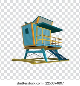 Miami Beach house vector illustration, sky, sea, ocean. Wheeled tiny house or cabin trailer cute vehicle hovel front view vector	

