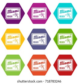 Miami beach icon set many color hexahedron isolated on white vector illustration