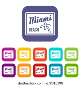 Miami beach icons set vector illustration in flat style In colors red, blue, green and other