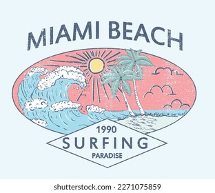 Isla de Miami Beach de diseño de vectores paradisíacos para camisetas y otros. Diseño impreso de la isla del árbol de palmas para la impresión de camisetas, afiche, pegatina, fondo y otros usos. Diseño de impresión vintage de Beach Vibes