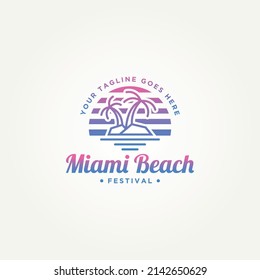 Miami Beach Island Simple Line Art Badge Logo Template Vector Illustration Design. Minimalist Beach Island With Pine Tree Miami Retro Neon Style Logo Concept