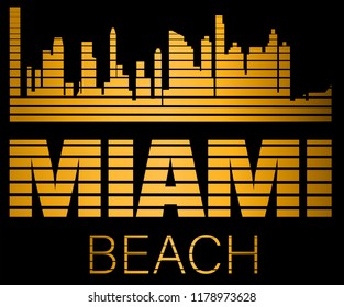 Miami Beach  lettering , gold silhouette buildings with black lines. Travel card