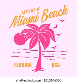 MIAMI BEACH LETTERING, ILLUSTRATION OF A BEACH WITH A PALM TREE AND THE SUN, SLOGAN PRINT VECTOR