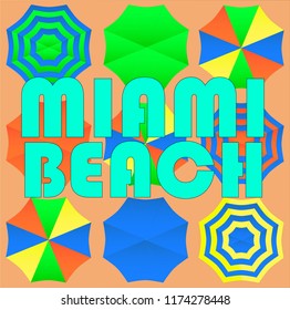 Miami Beach lettering. Tropical vector letters on sand background with colorful umbrellas