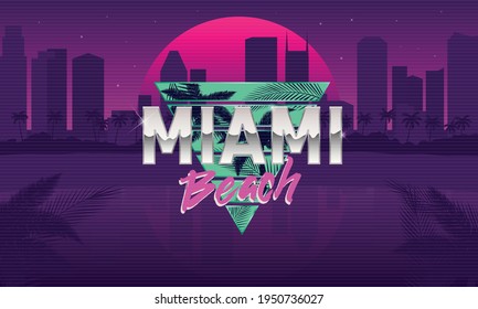 Logo de Miami Beach. Plantilla de fondo de Retro 80. Atardecer retro con paisajes urbanos y palmeras. El diseño de moda de los años 80. Plantilla para banner, afiche. Huella de retroonda para camiseta, tee. Ilustración del vector