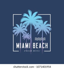 Miami beach Ocean Drive tee print with palm trees, t shirt design, typography, poster, vector illustration.