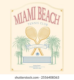 Miami Beach prints. Tennis Club. Palam tree. tennis bat. beach print. print design. summer print. retro design. girls fashion design. women's graphics. tropical print