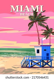 Miami Beach Retro Poster . Lifeguard house on the beach, palm, coast, surf, ocean. Vector illustration vintage