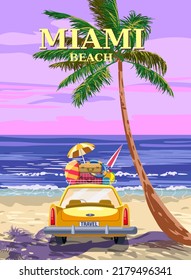 Miami Beach, Retro Poster. Yellow vintage car, sunset, palm on the beach, coast, surf, ocean. Vector illustration vintage