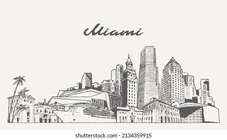 Miami Beach skyline, Florida, USA, hand drawn vector illustration, sketch