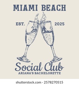 Miami beach social club. Cocktail T shirt Design, Cocktails retro poster vector, Party poster design. Drinks, Cocktails, Typography. Vintage pencil sketch. Engraving style. Labels. summer t shirt