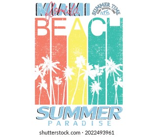 Miami beach summer paradise t shirt design. Palm tree vector artwork.