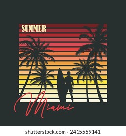 Miami beach summer surf t-shirt design retro silhouette vintage style, typography, poster, template, print ready, editable
