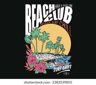 Miami beach summer time print design artwork. Summer good vibes. Beach Paradise Print t shirt graphics design, typography slogan on palm trees background. Coconut tree with tropical flower.