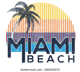 Miami beach with sun graphic design. Summer traveling vector illustration. Outdoor badge.