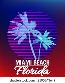 Miami Beach sunset print t-shirt design. Poster palm tree silhouettes
