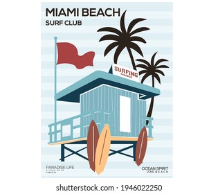 Miami beach surf club and  surfing paradise vector artwork design