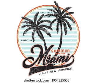 Miami beach surf club t-shirt design. summer paradise at the miami beach vector design.