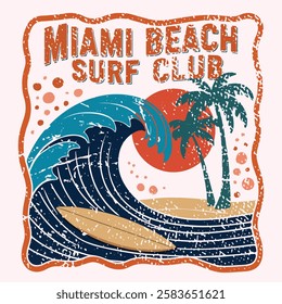 Miami beach surf club. Beach vibes with board print design. Hand sketch vector design. Palm tree artwork. Miami beach surf club. Beach Vector Artwork for summer, California surfing club vector artwork