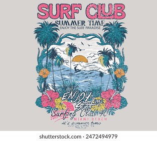 Miami beach surfing club vector design. Endless summer graphic print design. Tropical island artwork. Summer slogan vector design. Surf club artwork. Tropical flower.