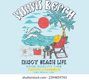 Miami beach t shirt graphics design, typography slogan on palm trees background. Summer vibes hand sketch. Happiness comes in sea. Beach relax chair artwork. Tropical vibes design.