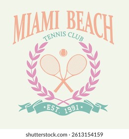 Miami Beach Tennis club Graphics print design. Racket tournament. Tennis college league. College font.