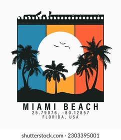 Miami Beach t-shirt design with palm trees, sun and gull birds. Miami, Florida tee shirt graphics with tropical palms on torn sheet. Apparel print. Vector illustration.