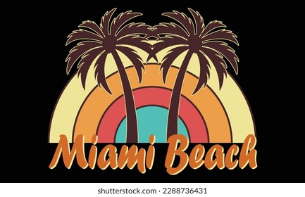 Miami Beach T-shirt Design Vector Illustration, Palm Tree Silhouette. Global Swatches. Miami Beach Florida Tee Print With Palm Tree. T-shirt Design, Graphics, Stamp, Label, Sunset, Nature.
