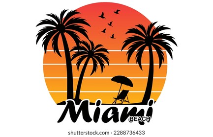 Miami Beach T-shirt Design Vector Illustration, Palm Tree Silhouette. Global Swatches. Miami Beach Florida Tee Print With Palm Tree. T-shirt Design, Graphics, Stamp, Label, Sunset, Nature.

