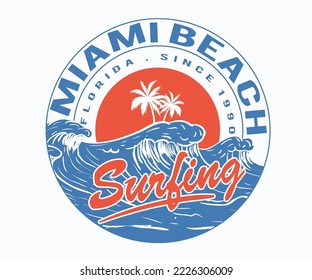 Miami beach t-shirt vector design. Wave surfing artwork for apparel, sticker, batch, background, poster and others.