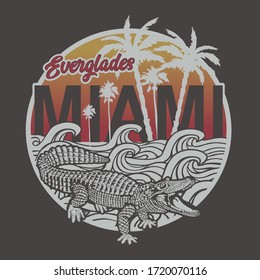 Miami beach typography with alligator illustration, tee shirt graphics, vectors