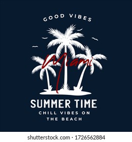 Miami beach typography slogan with palm tree illustration. theme vintage print design