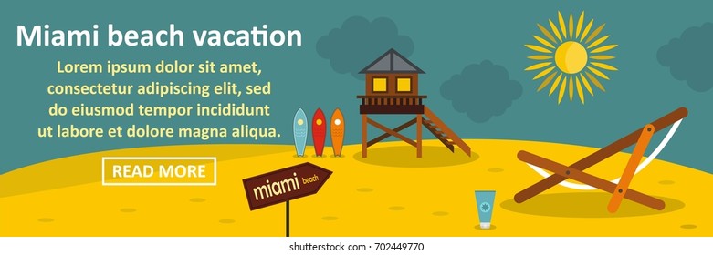 Miami beach vacation banner horizontal concept. Flat illustration of miami beach vacation banner horizontal vector concept for web