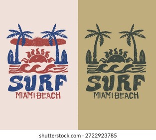 Miami Strand Vektor Design. Sonnenschein Paradies Kunstwerk. Abstrakte Wellengrafik. Das Glück kommt in die Welle. Sommer gute Stimmung Vektorgrafik-Design für Bekleidung, Aufkleber, Plakate, Hintergrund und andere.
