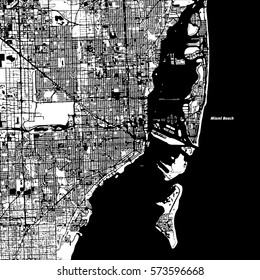 Miami and Miami Beach Vector Map, Artprint. Black Landmass, White Water and Roads.