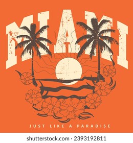 Miami Beach vector print, Miami college print, flowers palm tree with sunrise, summer slogan with beach illustration, Hawaii, Aloha surf typograph. Summer good vibes palm tree vector print artwork, 