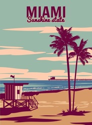 Miami Beach Vintage Poster. Beach, Palm, Coast, Surf, Ocean. Vector Illustration