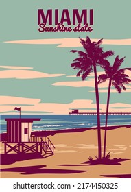 Miami Beach Vintage Poster. Beach, palm, coast, surf, ocean. Vector illustration