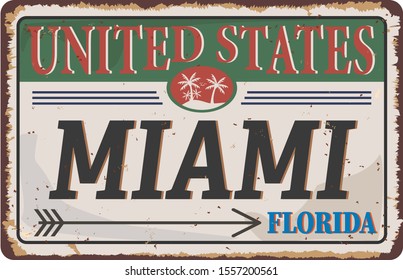 Miami beach vintage rusty metal sign on a white background, vector illustration