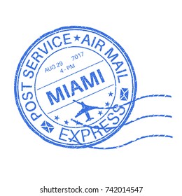 MIAMI blue round postmark for envelope. Vector illustration isolated on white background
