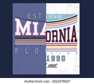 Miami and california cut and sew block print for apparel and others. Beach city college typography graphic print,.