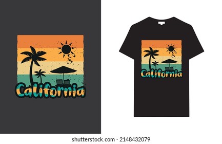 Miami California Hawaii t-shirt design | Summer san Diego California beach sunset retro Black t-shirt design | California Surf Session T-shirt Design. Sunset With Palm Trees In Retro Grunge Style.