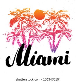 Miami Calligraphy lettering handwritten sign, Hand drawn grunge calligraphic text. Vector illustration .