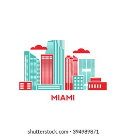 Miami city architecture retro vector illustration, skyline city silhouette, skyscraper, flat design