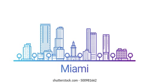 Línea de degradado de color de la ciudad de Miami. Todos los edificios de Miami - objetos personalizables con máscara de opacidad, para que pueda cambiar la composición y el relleno de fondo. Arte de línea.