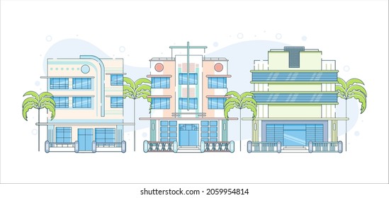  Miami City In Flat Line Trendy Style. All Buildings Separated And Customizible. Line Art.