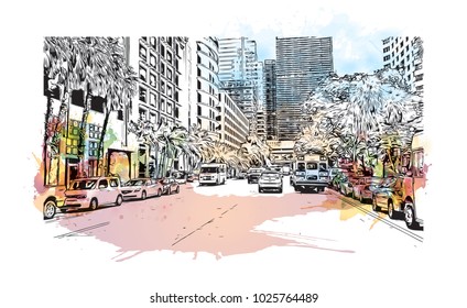 Miami City in Florida, USA. Watercolor splash with hand drawn sketch illustration in vector.