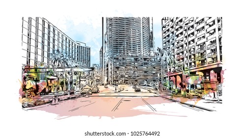 Miami City in Florida, USA. Watercolor splash with hand drawn sketch illustration in vector.